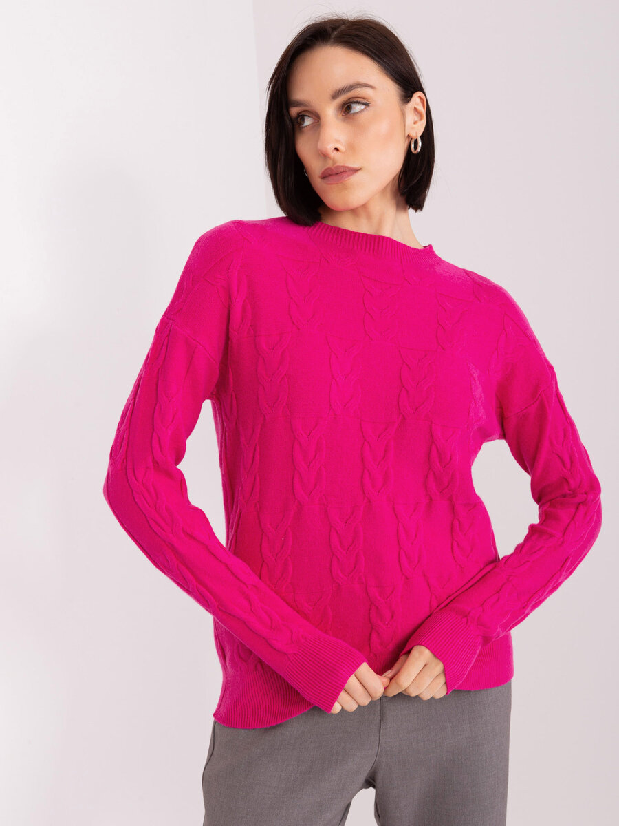Růžový pletený svetr s náplety, jedna velikost i523_2016103472420