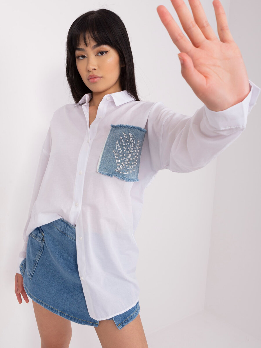 Oversize bílá dámská košile s aplikacemi - FPrice, S i523_2016103411641