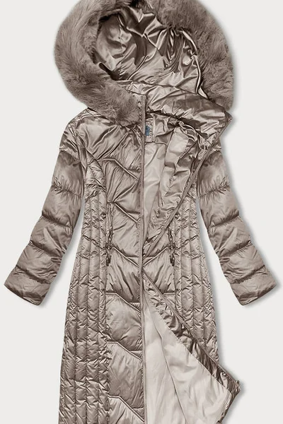 Kávová bunda na zimu s odnímatelnou kapucí a kožešinou S'WEST