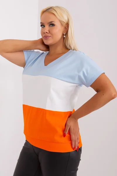 Světle modrá a oranžová proužkovaná dámská halenka Plus Size Fashionhunters