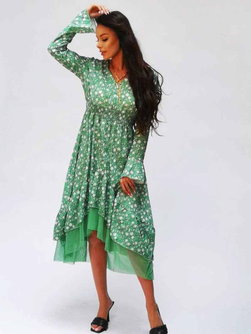 Zelené vzdušné šaty s ozdobnou spodní částí, odcienie zieleni XL (42) i392_23320-3