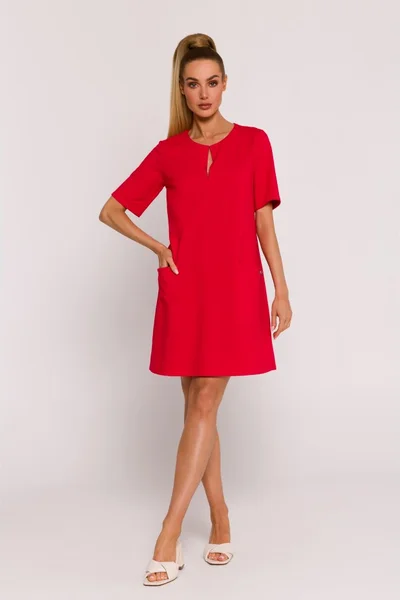 Červené áčkové šaty s kapsami - Moe Elegance