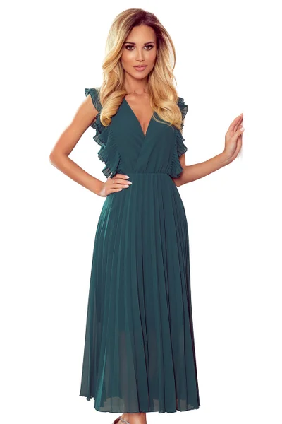 EMILY - Plisované dámské šaty v lahvově zelené barvě s volánky a výstřihem 895 Numoco