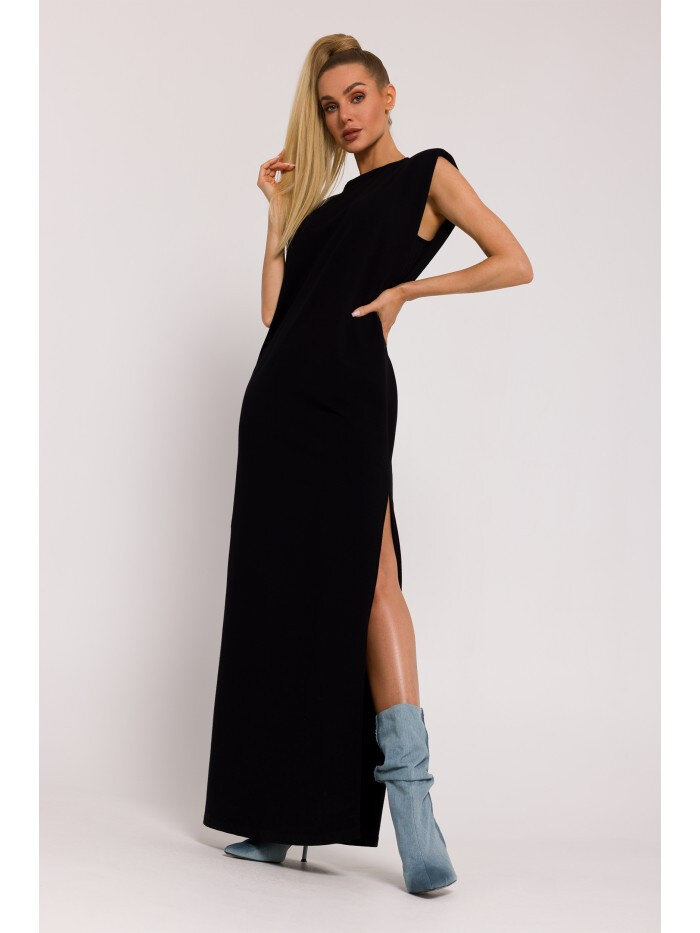 Černé Maxi šaty s vycpávkami na ramenou - elegantní Moe, EU M i529_333284523232068672