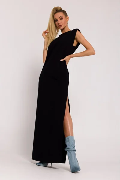 Černé Maxi šaty s vycpávkami na ramenou - elegantní Moe