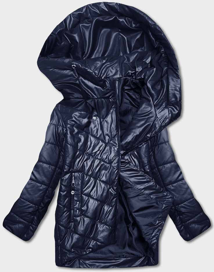 Modrá péřová bunda s asymetrickým zipem a kapucí pro ženy, odcienie niebieskiego 52 i392_23176-29