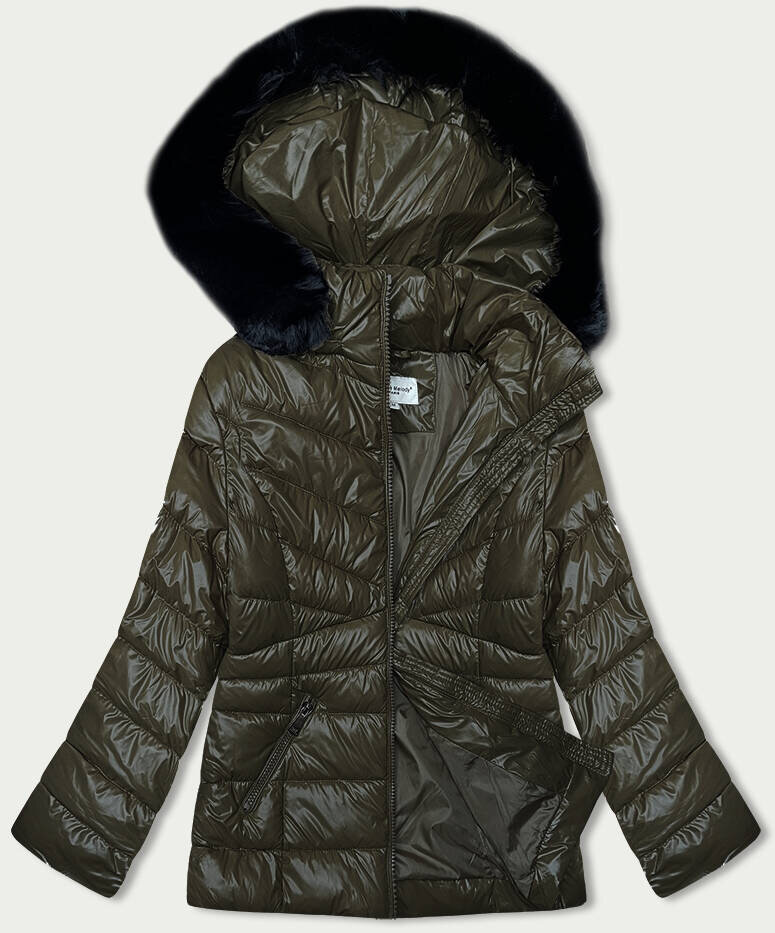 Zimní bunda s kapucí a péřovou výplní v khaki barvě, odcienie zieleni M (38) i392_22819-47