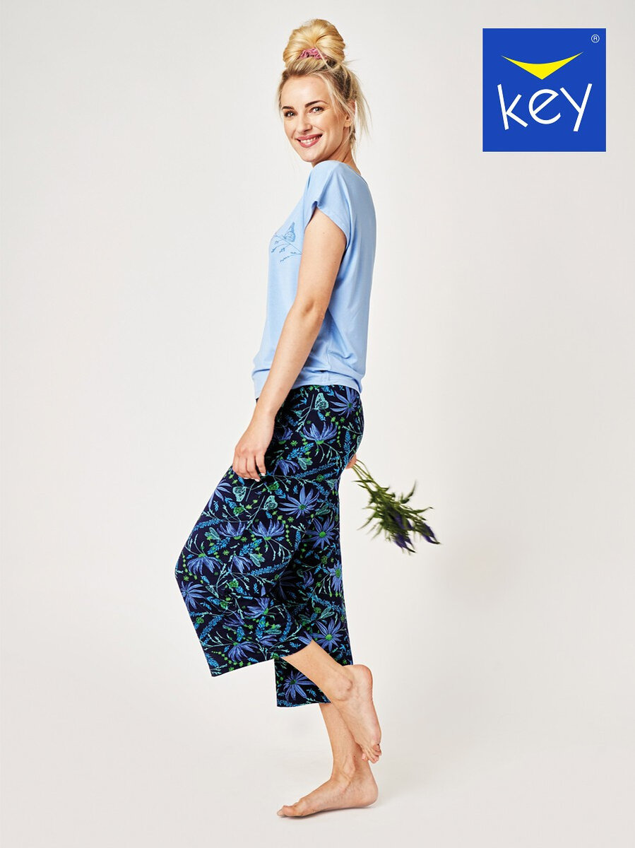 Letní bambusové pyžamo pro ženy s květinovým potiskem, modrá S i384_29963788