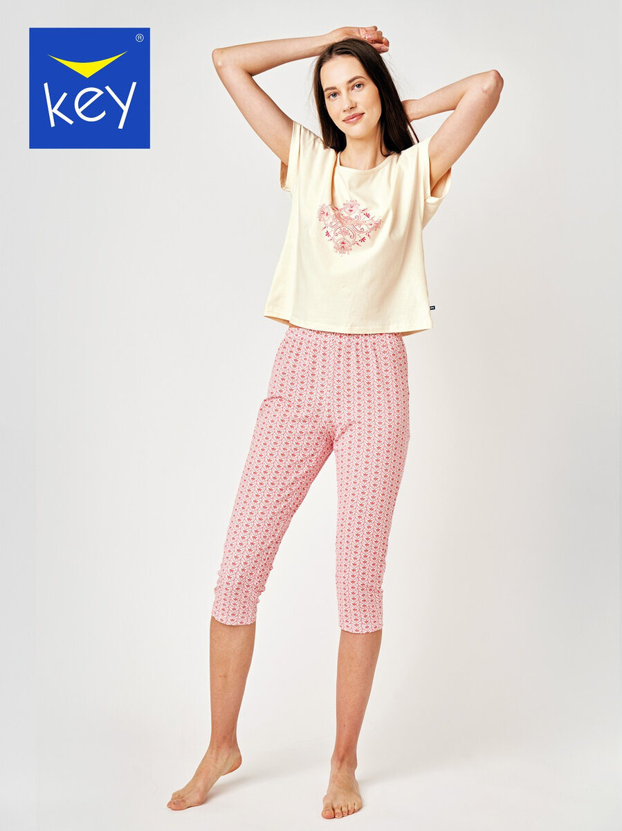 Letní pyžamo pro ženy s barevným potiskem a vzorovanými legíny Key, broskev S i384_67888944