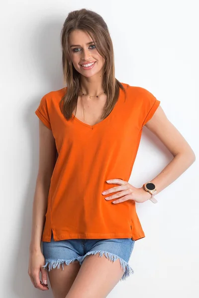 Dámské tmavě oranžové bavlněné tričko s výstřihem do V FPrice