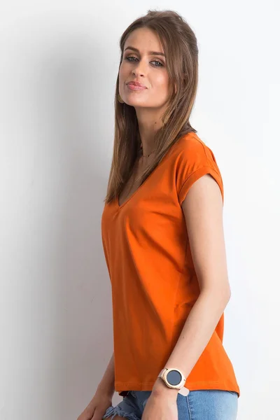 Dámské tmavě oranžové bavlněné tričko s výstřihem do V FPrice