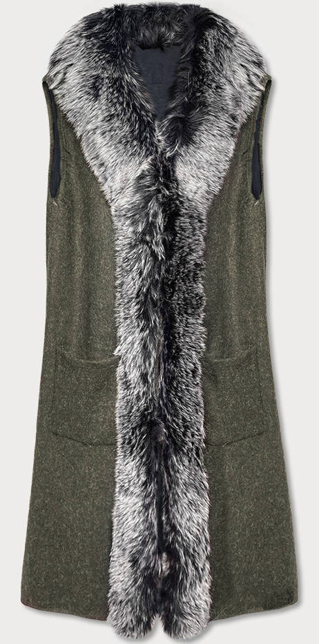 Dámská dlouhá vesta v khaki barvě s kožešinou 8QX Mar&Go, odcienie zieleni ONE SIZE i392_18085-50