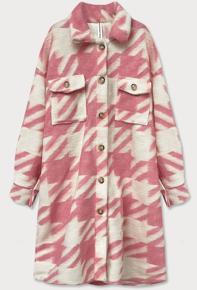 Růžový dámský košilový kabát s pepitovým vzorem 3N4918 MADE IN ITALY, odcienie różu ONE SIZE i392_16946-50