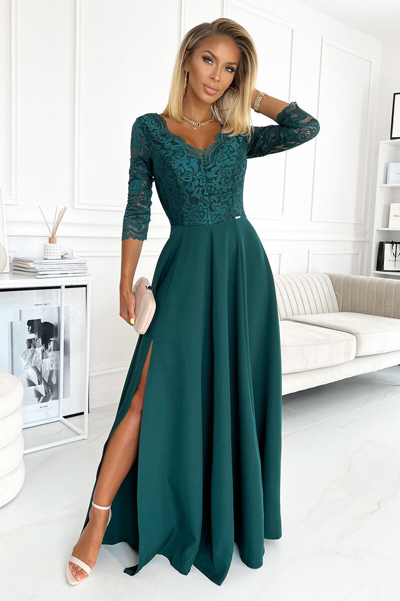 AMBER - Elegantní dlouhé dámské krajkové šaty v lahvově zelené barvě s výstřihem 5Q4WK Num, XL i367_1853_XL