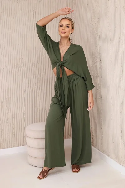 Tenký viskózový komplet - khaki halenka a kalhoty K-Fashion