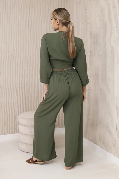 Tenký viskózový komplet - khaki halenka a kalhoty K-Fashion