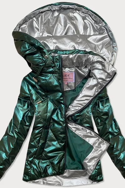 Krátká lesklá bunda pro ženy v lahvově zelené barvě D28V MHM