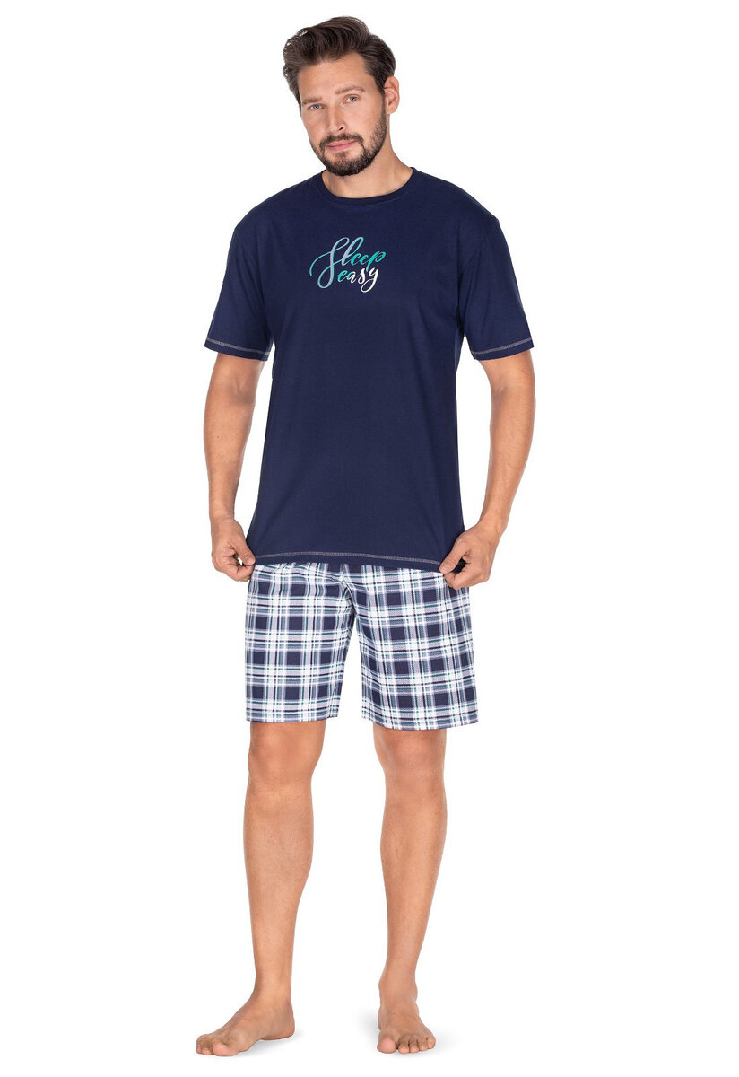 Mužské letní pyžamo Regina - tričko s krátkým rukávem a kostkované šortky, tmavě modrá M i384_57825454