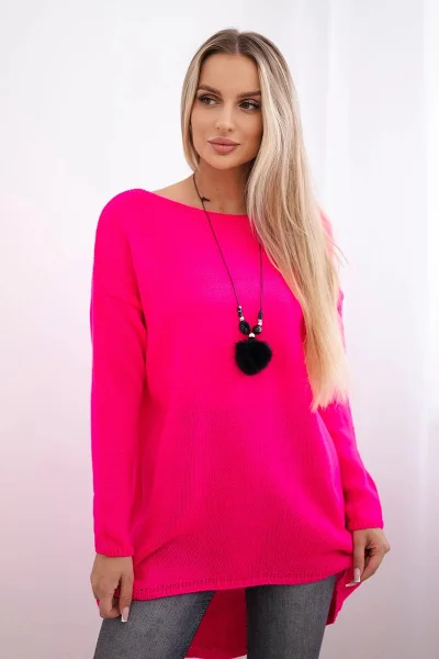 Dámský italský svetr s náhrdelníkem růžový neon K-Fashion