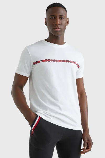 Pánské tričko LOGO STRIPE T-SHIRT UM0UM01915YBR bílá - Tommy Hilfiger
