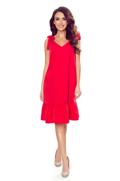 ROSITA - Červené dámské šaty s mašličkami na ramenou a s volánkem 73T5B Numoco