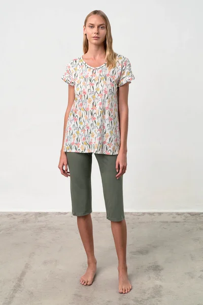 Zelené květinové pyžamo pro ženy s přírodní bavlnou a modalem