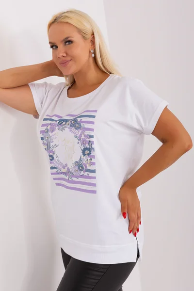 Krátkorukávová fialovobílá plus size dámská halenka RV-BZ-8860