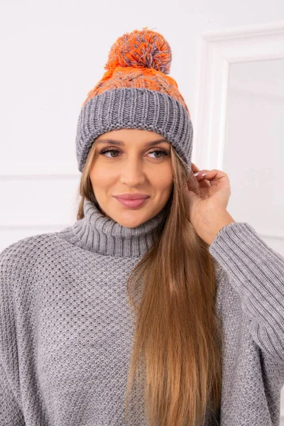 Dámská zimní čepice s bambulí K-Fashion šedá/oranžová