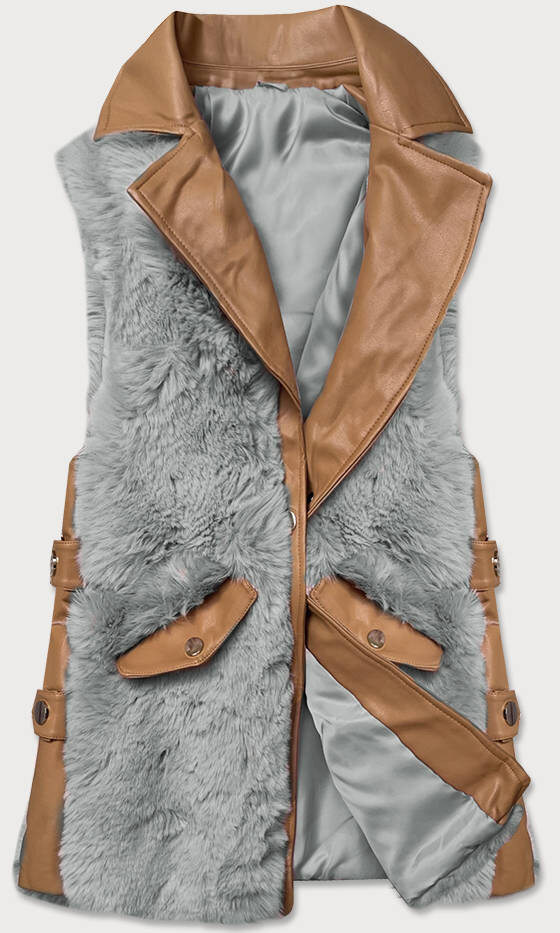 Dámská elegantní vesta v karamelovo-šedé barvě z eko kůže a kožešiny V2UJX4 SWEST, odcienie brązu L (40) i392_17912-49