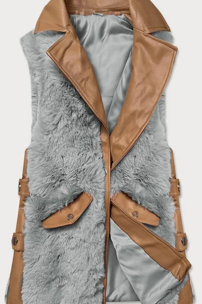 Dámská elegantní vesta v karamelovo-šedé barvě z eko kůže a kožešiny V2UJX4 S'WEST