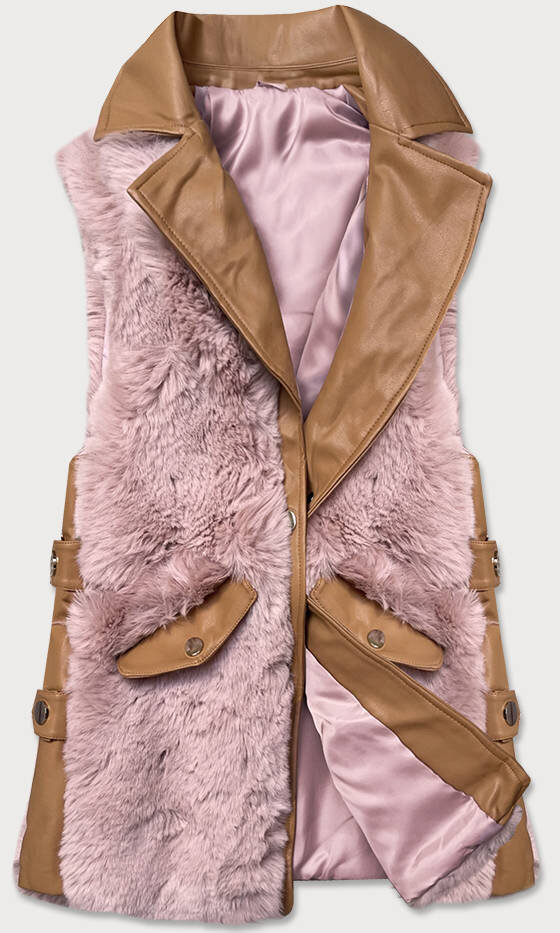Dámská elegantní vesta v karamelovo-růžové barvě z eko kůže a kožešiny 60Y SWEST, odcienie różu M (38) i392_17913-47