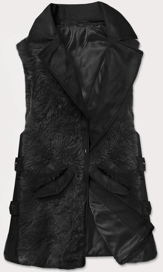 Dámská elegantní černá vesta z eko kůže a kožešiny KD3X06 SWEST, odcienie czerni S (36) i392_17914-46