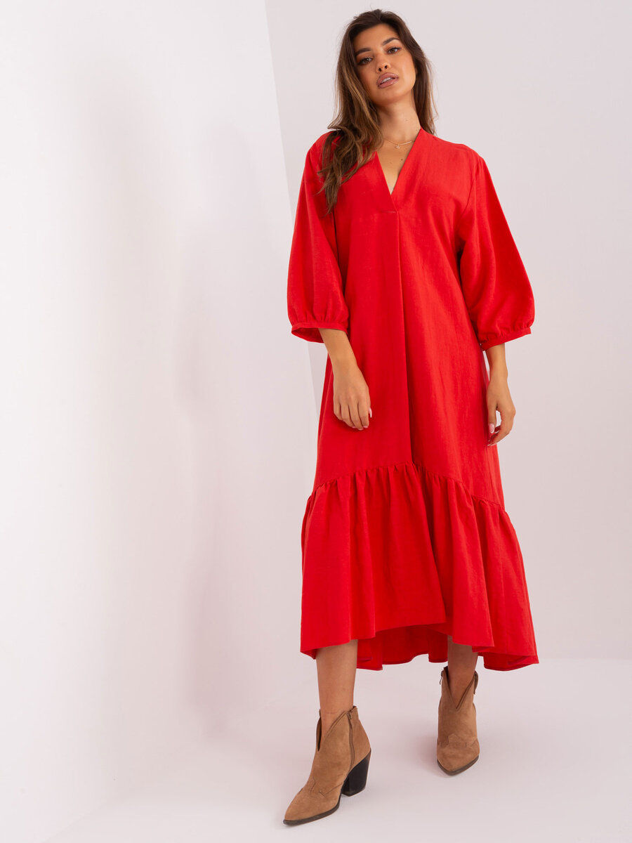 Červené midi šaty ZULUNA s volánem - Elegantní kousek pro každou příležitost, S/M i523_2016103441365