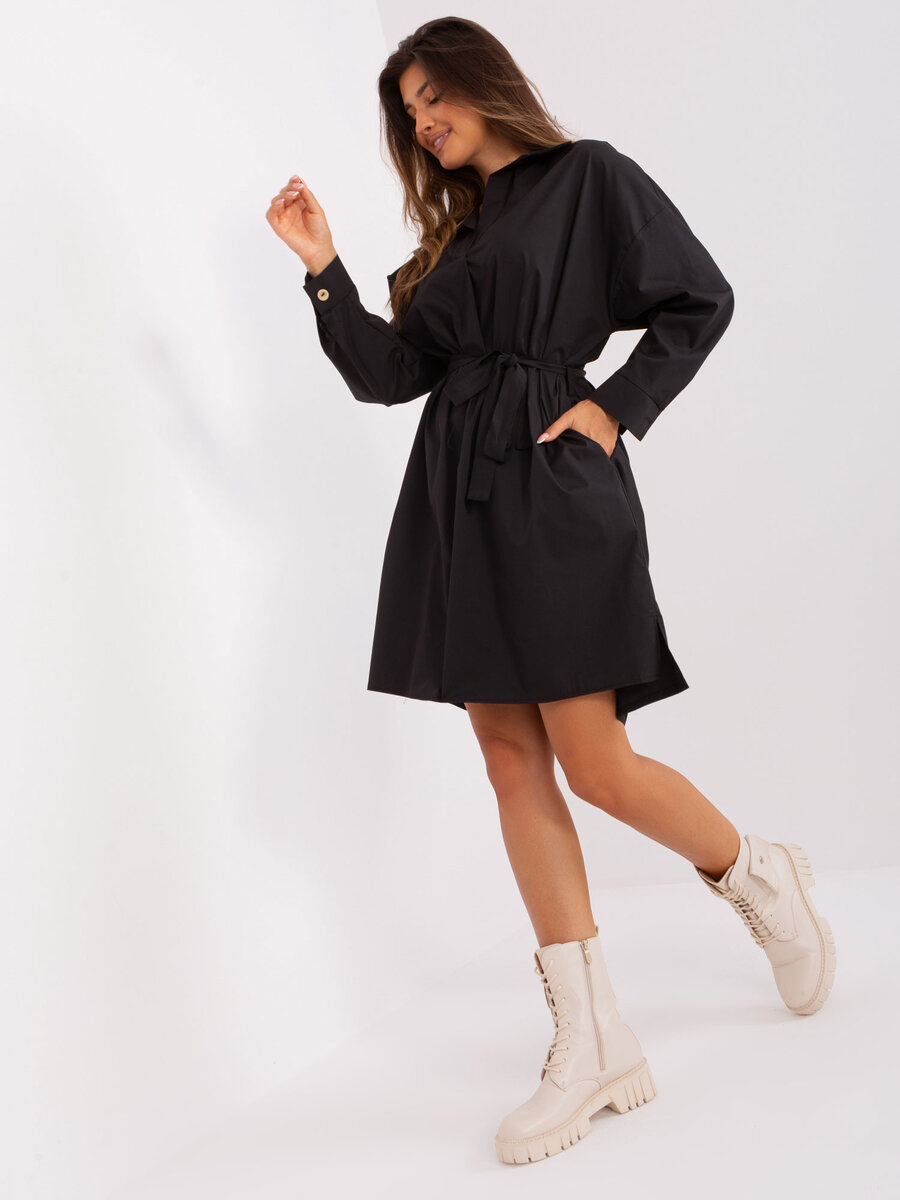 Černé košilové šaty ZULUNA s páskem - Elegantní ležérní styl, S/M i523_2016103441488