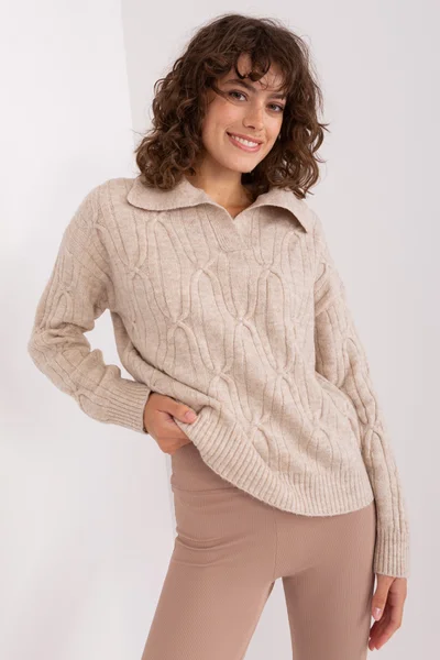 Beige plédový dámský svetr s límcem - FPrice