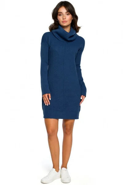 Dámské 6IYT Pletené svetrové šaty s velkým výstřihem - modré BE