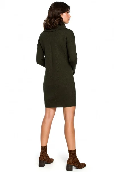 Dámské 0A2 Pletené svetrové šaty s vysokým výstřihem - khaki barva BE