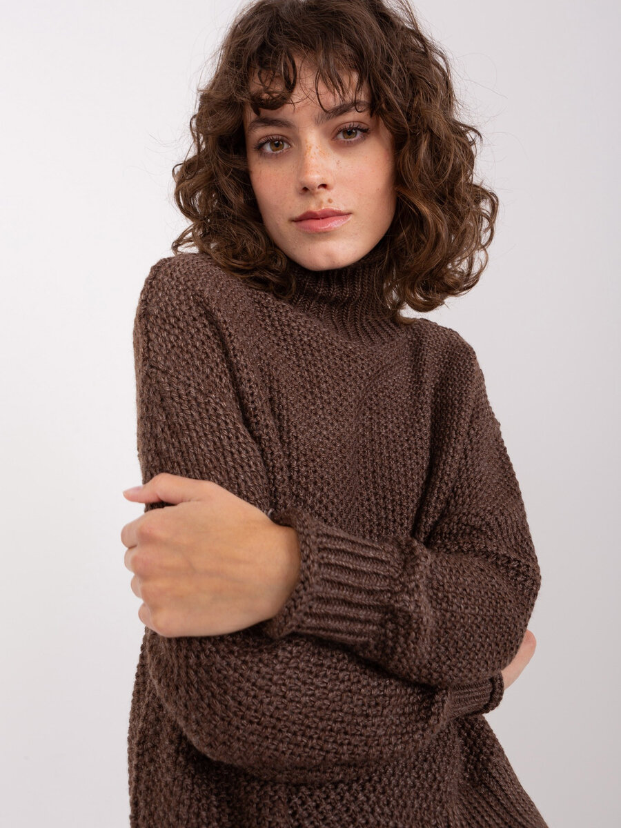 Vlněný hnědý rolákový svetr pro ženy, jedna velikost i523_2016103474103