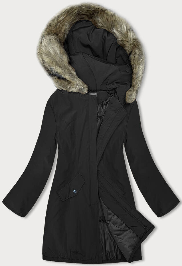 Zimní bunda s kapucí a kožešinou pro ženy - Černá PÉROVÁ KRÁSA, odcienie czerni M (38) i392_22535-47