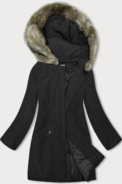 Zimní bunda s kapucí a kožešinou pro ženy - Černá PÉROVÁ KRÁSA