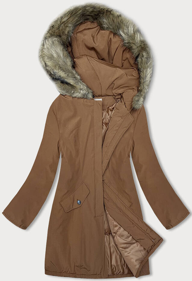 Karamelová bunda na zimu pro ženy s kožešinovou kapucí - MELYA MELODY, odcienie brązu 3XL i392_22536-8