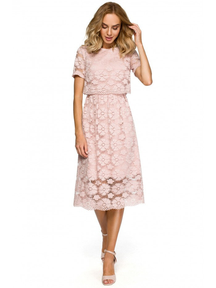 Dámské J6K8 krajkové midi šaty s výstřihem - růžové Moe, EU S i529_4322732970002602944