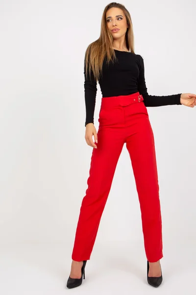 Červené dámské kalhoty s páskem - Elegantní Viskózové