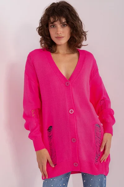 Fluo růžový dlouhý svetr s dírami FPrice