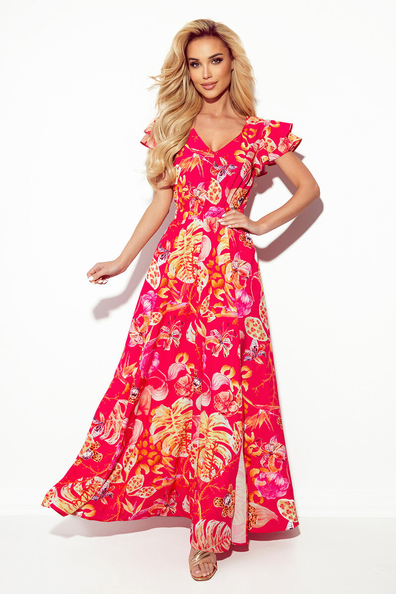 LIDIA - Růžové květované dlouhé dámské šaty s výstřihem a volánky 6VO05 Numoco, S i367_1775_S