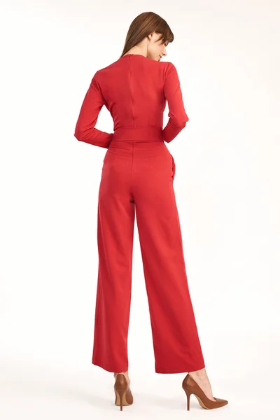 Červený dámský zavinovací overal s nohavicemi a páskem - Nife