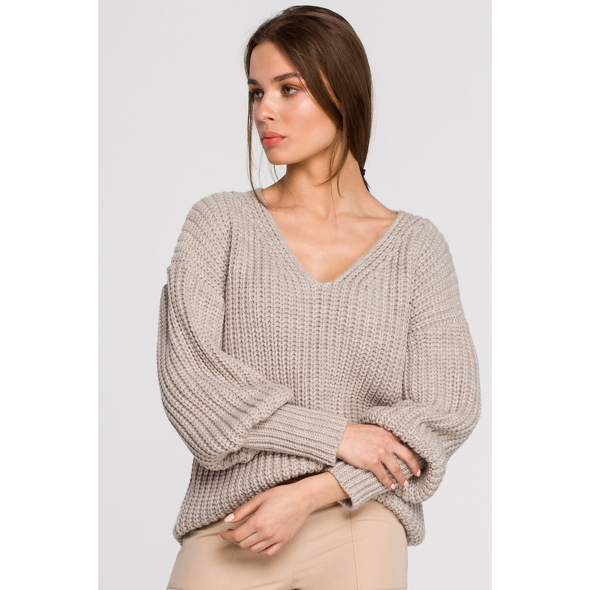 Volný béžový svetr pro dámy - STYLOVE, béžová L/XL i10_P60809_1:543_2:117_