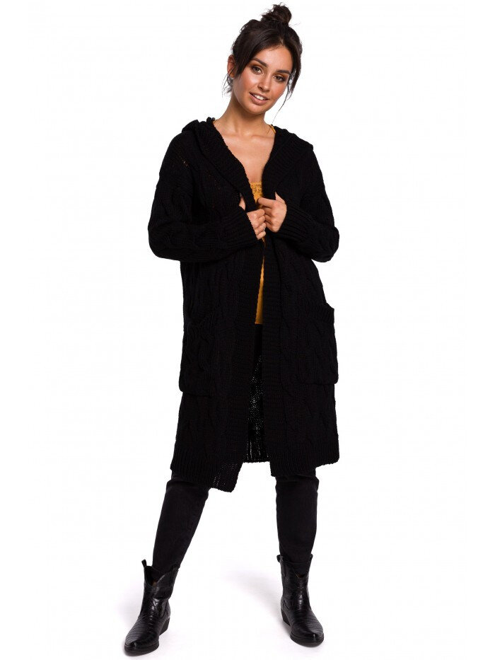 Dámský 60ET Pletený plisovaný svetr s kapucí - černý BE, EU L/XL i529_288655086149282048
