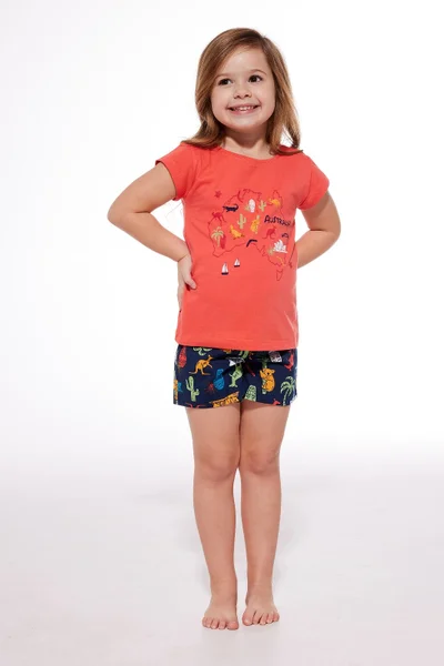 Korálové dívčí pyžamo s krátkým rukávem a vzorovanými šortkami