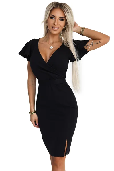 Nina - Elegantní černé šaty s rozparky a páskem od Numoco